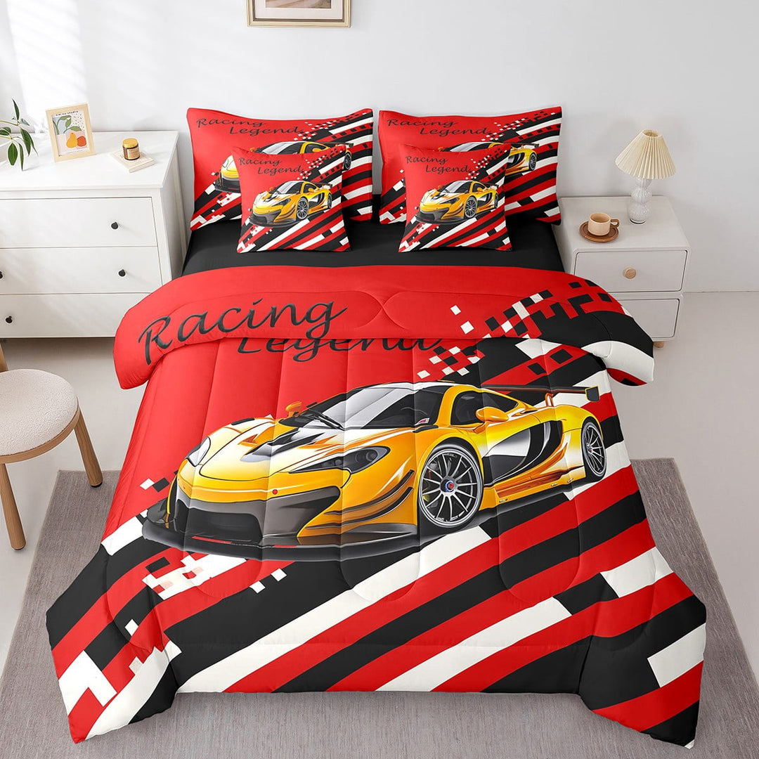 Race Car Bedding Twin Size 7pcs Bed in a Bag, Racing Sports Printed Soft Comforter Set , Cool Speed Vehicles Teens Bedding Comforter Sets, Black Yellow Checkerboard Bed Sheets Set