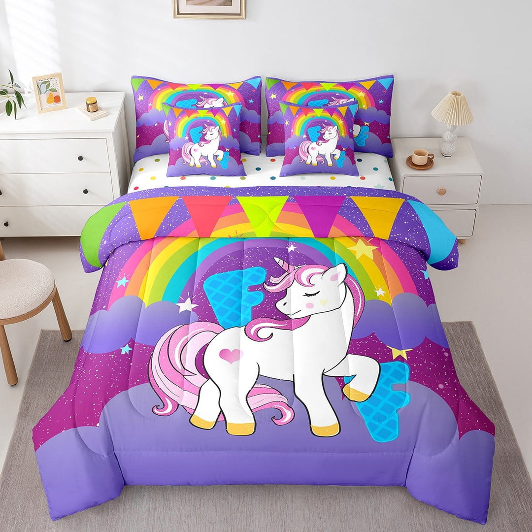 Erosebridal Magical Unicorn Bed in a Bag Twin size, Initial Letter F Bedding Sets Twin Size, Cartoon Rainbow Reversible Comforter Sets with Sheets, Microfiber Room Decoration, 7pcs
