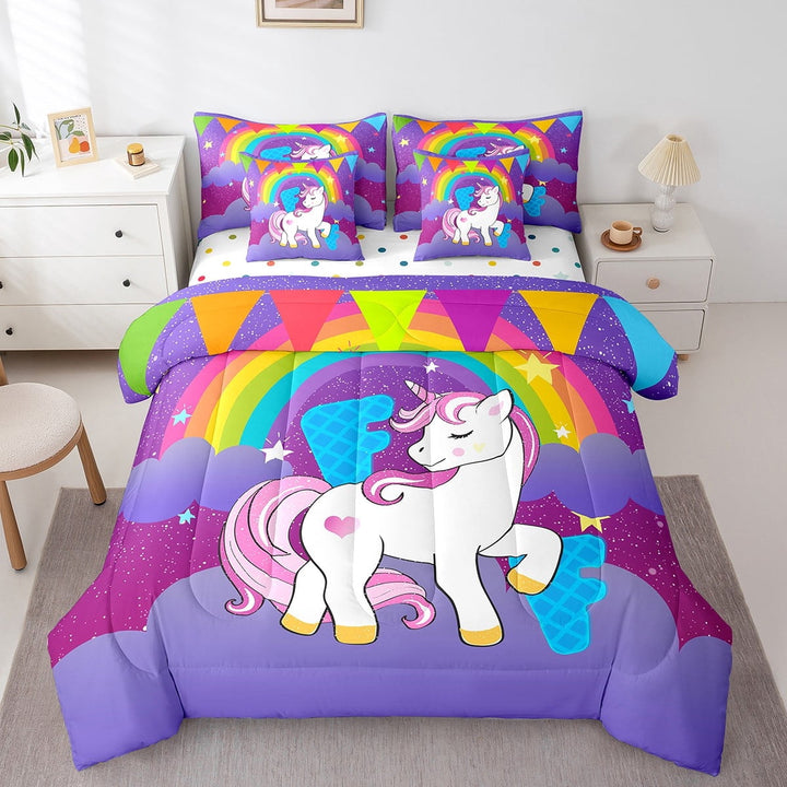 Erosebridal Magical Unicorn Bed in a Bag Twin size, Initial Letter F Bedding Sets Twin Size, Cartoon Rainbow Reversible Comforter Sets with Sheets, Microfiber Room Decoration, 7pcs