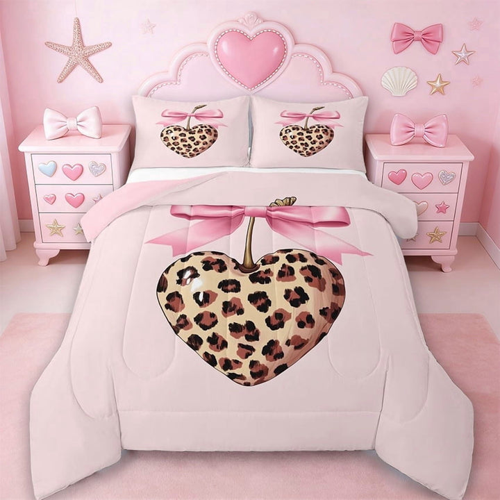 Erosebridal Girls Pink Bowknot Full Size Comforter Sets,Chic Leopard Print Cherry Bedding Sets For Kids,Reversible Pink,3pcs