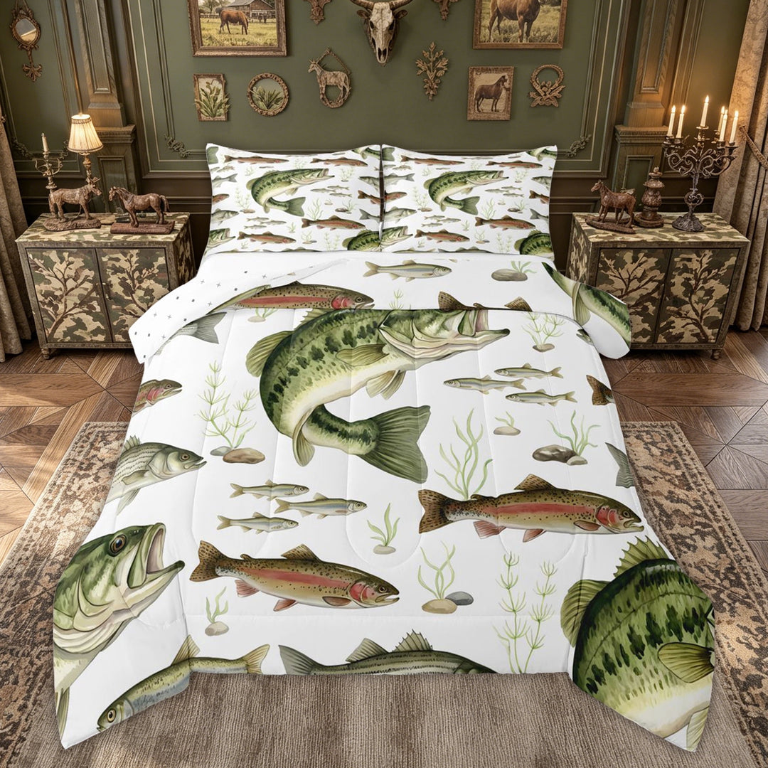 meiyoeat Largemouth Bass Fishing Full Size Comforter Sets for Men, Natural Stream Marine Bedding Comforter Set, Green, Reversible, 3-Piece, 1 Comforter and 2 Pillowcases