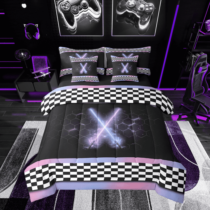 Erosebridal Teens Sports Bedding Twin Size, Lightning Bedding Sets Twin Size, Racing Checkered Decor, Reversible 7pcs