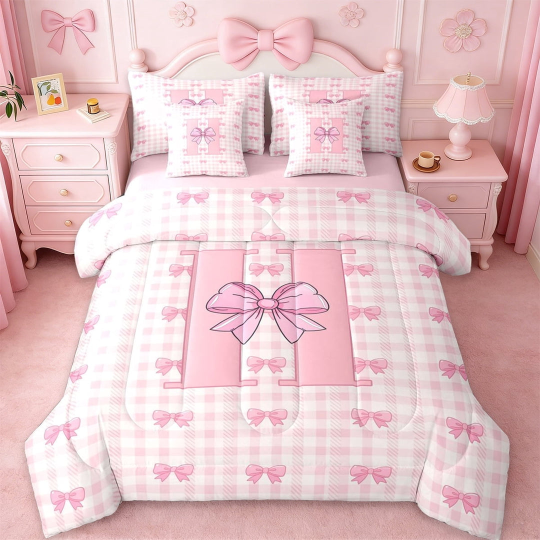 Erosebridal Dreamy Princess Bow 7-Piece Twin Bedding Sets For Kids,Girls Ribbon Bow Initial Letter H Alphabet Bedding Comforter Set,Pink Reversible