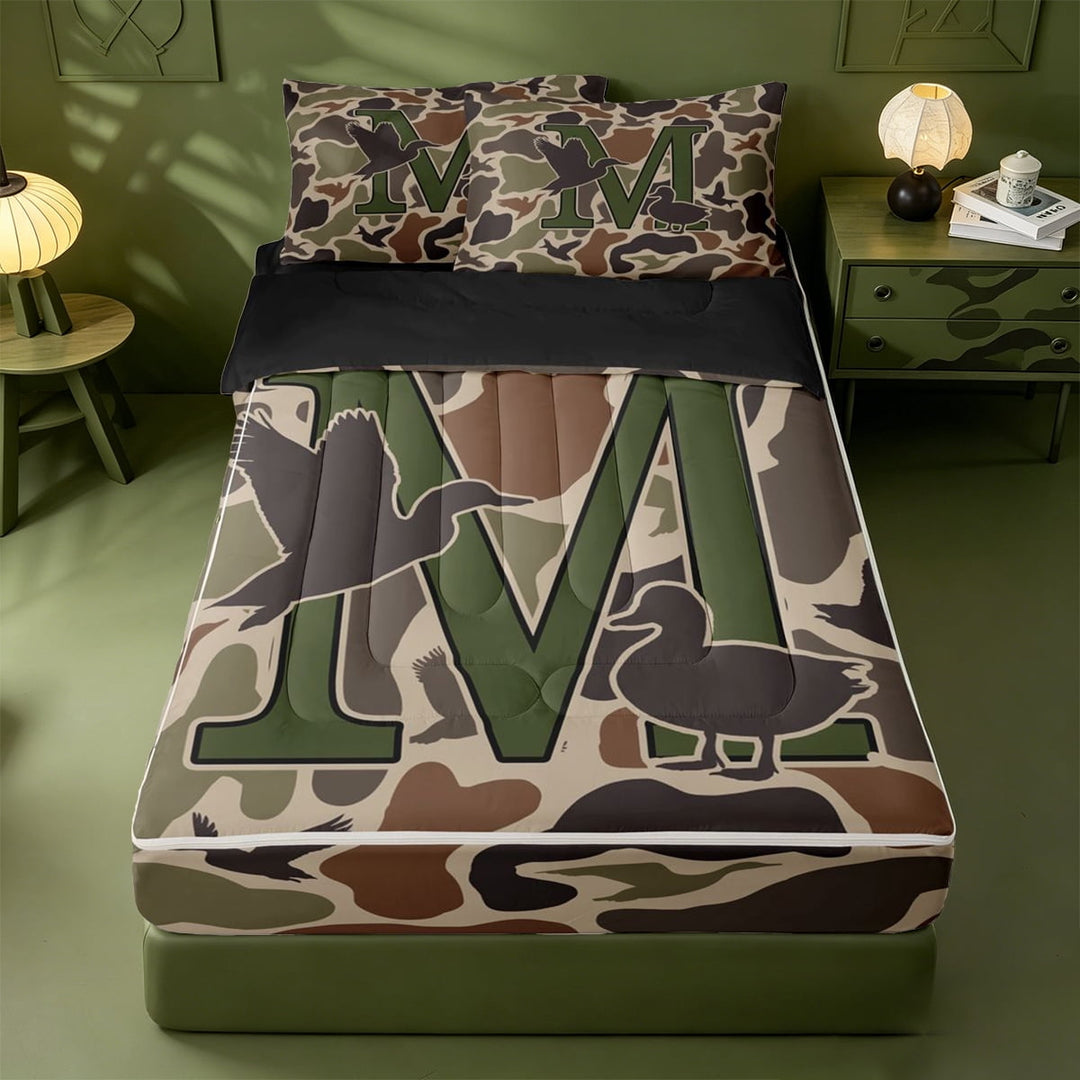 meiyoeat Camo Duck Monogram M Zipper Twin Comforter Sets with Fitted Sheet and 2 Pillowcases For Boys,Hunting Themed Initial Zipper Bedding Set,Black Reversible,4-Piece