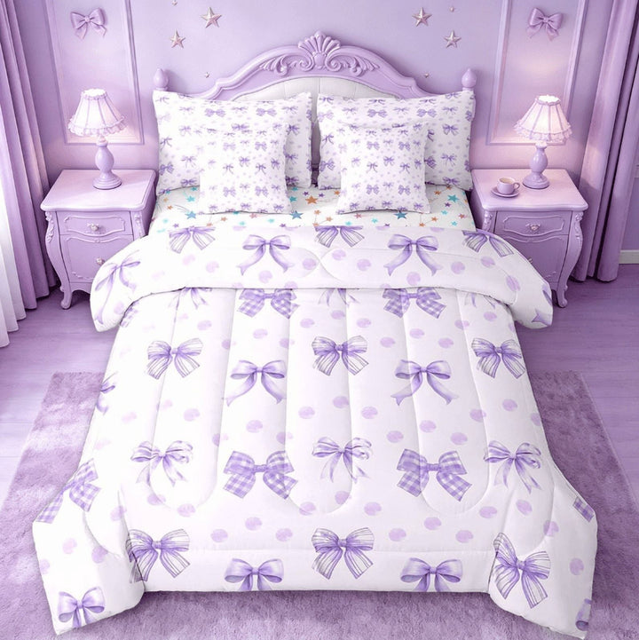 Manfei Girls Purple Bow 7 Pieces Bedding Comforter Set,Girly Cute Dot Bowknot Full Bedding Set For Girls,Princess Bow-Tie Reversible