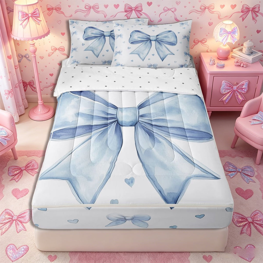 Meiyoeat Blue Ribbon Bow Print Zipper Full Size Comforter Sets with Fitted Sheet and 2 Pillowcases, Watercolor Love Heart Pattern Zipper Bedding Set,4pcs
