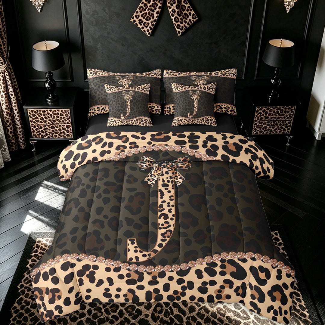 meiyoeat Bowknot Letter J Full Size Bedding Sets for Kids Girls, Cheetah Print Diamond Full Size Bed in a Bag, Brown Black, Black Reversible, 7-Piece