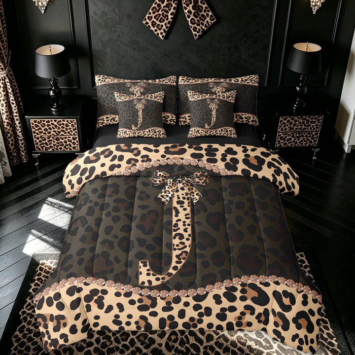 meiyoeat Bowknot Letter J Full Size Bedding Sets for Kids Girls, Cheetah Print Diamond Full Size Bed in a Bag, Brown Black, Black Reversible, 7-Piece