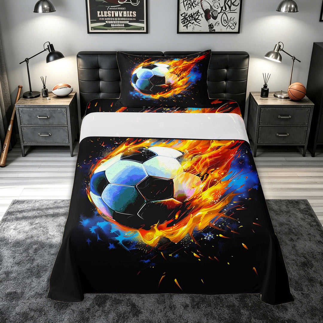 meiyoeat Fire Soccer Ball Bed Sheets for Kids Boys, Flame Art Full Size Sheets for Bedroom, Black Orange, 4pcs