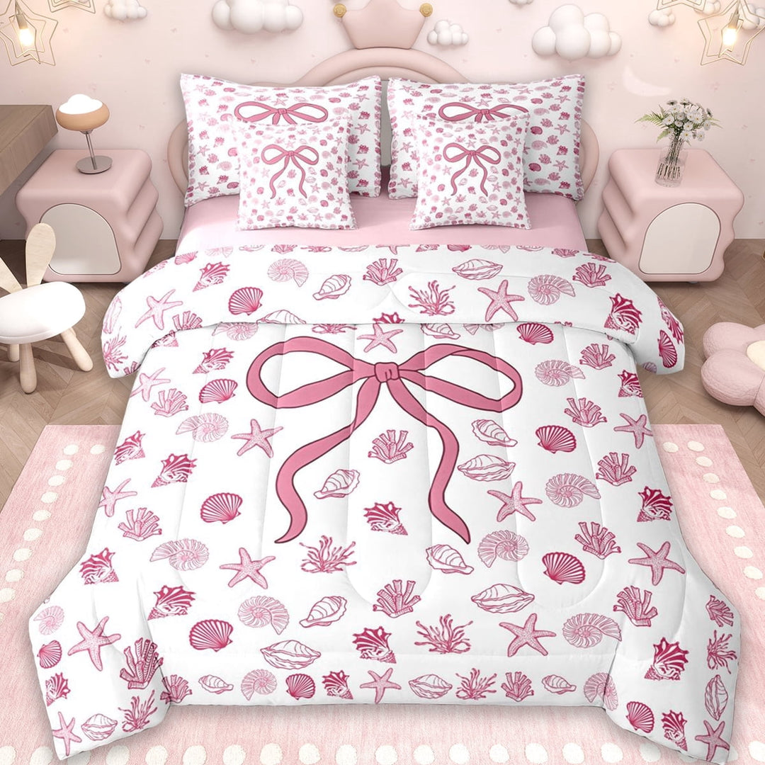 Erosebridal Ribbon Bowtie 7-Piece Twin Bedding Sets,Cute Ocean Seashell Starfish Bedding Comforter Set For Girls Kids,Reversible pink