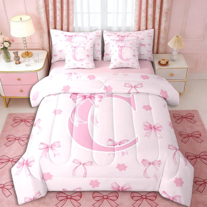 Erosebridal Kawaii Bowtie Letter C Monogrammed Twin Bedding Sets 7-Piece,Pink Flowers Sakura Bow Bedding Comforter Set,Pink Reversible,Luxury Bedroom Decor