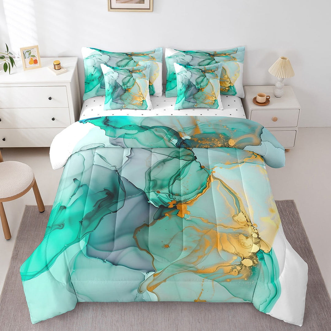 Marble King Comforter Set 7 Piece Teal Abstract Marble Art Bed In A Bag With Sheets Gold Metallic Sequins Bedding Set For Adult Women,Turquoise Gradient Marble Texture Bed Set