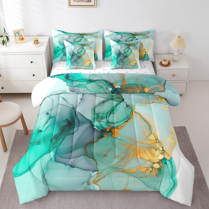 Marble King Comforter Set 7 Piece Teal Abstract Marble Art Bed In A Bag With Sheets Gold Metallic Sequins Bedding Set For Adult Women,Turquoise Gradient Marble Texture Bed Set