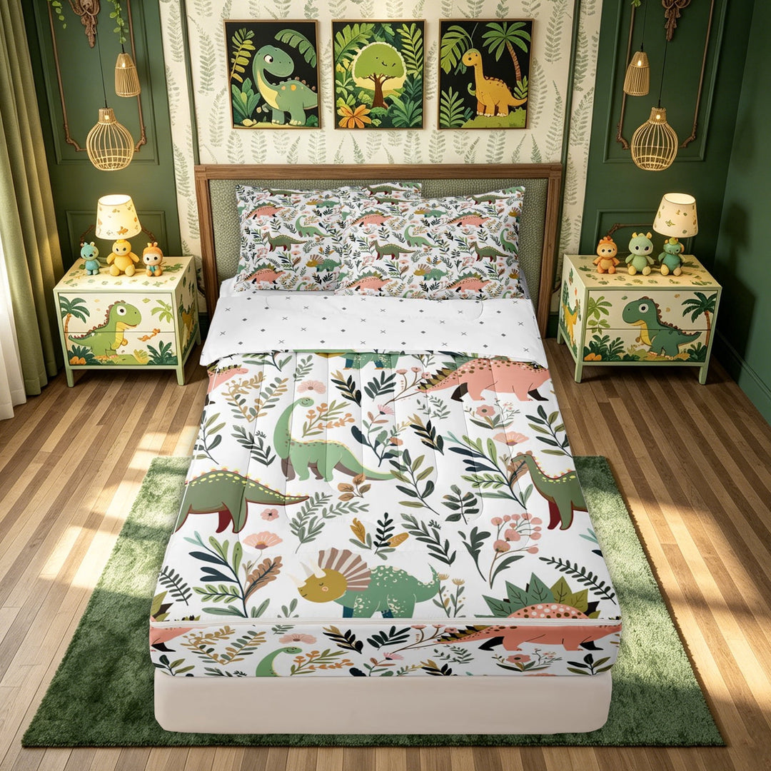 meiyoeat Boho Floral Dinosaur Zipper Twin Comforter Sets with Fitted Sheet and 2 Pillowcases for Kids Boys Girls, Jungle Botanical Zipper Bedding Set, White Green, Reversible, 4 Pieces