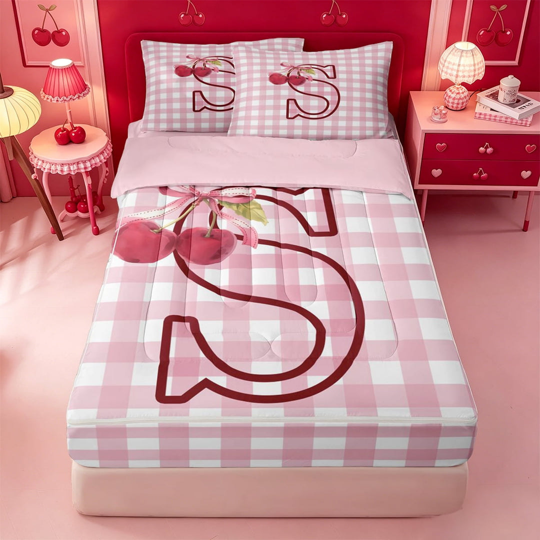 meiyoeat Pink Geometric Plaid Pattern Zipper Full Size Comforter Sets with Fitted Sheet and 2 Pillowcases,Bowknot Cherry Initial S Letter Zipper Bedding Set For Girl,Pink Reversible,4 Pieces