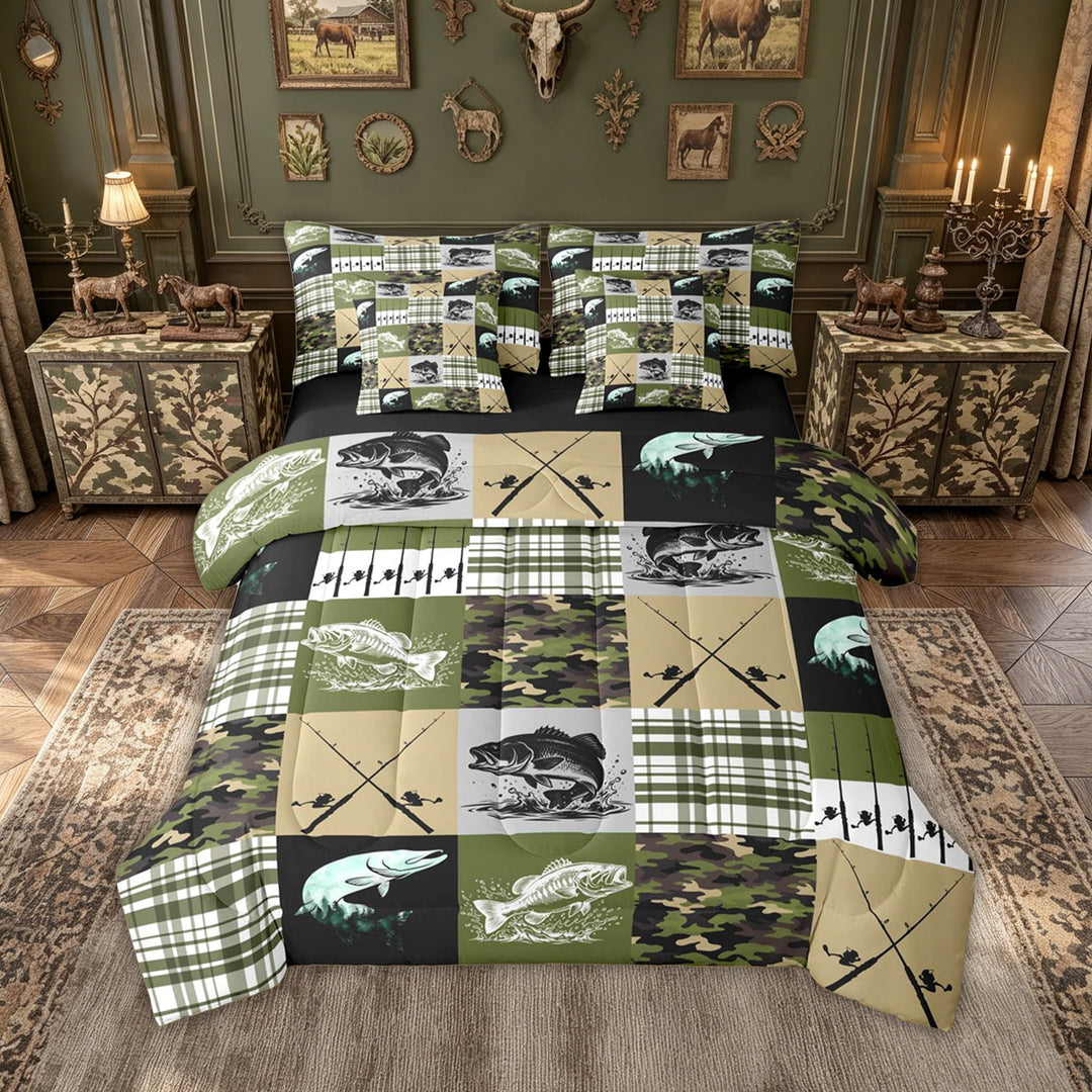 meiyoeat Rustic Outdoor Fishing Full Size Bedding Sets for Men Boys, Vintage Forest Plaid Camo Full Size Bed in a Bag, Olive Green, Black Reversible, 7-Piece