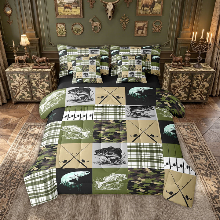 meiyoeat Rustic Outdoor Fishing Full Size Bedding Sets for Men Boys, Vintage Forest Plaid Camo Full Size Bed in a Bag, Olive Green, Black Reversible, 7-Piece