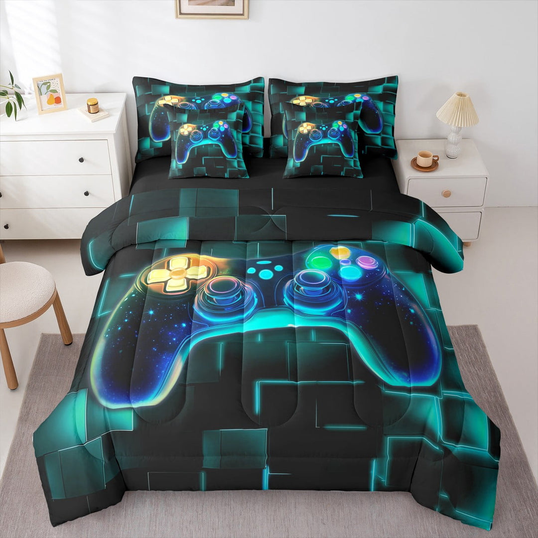 Erosebridal 7Pcs Queen Gaming Comforter Set,Gamer Bedding Comforter Set,Video Games Controller Gamepad Bed In A Bag Gaming,Neon Glowing Square Geometric Grid Bed Sets For Boys Queen Gamer