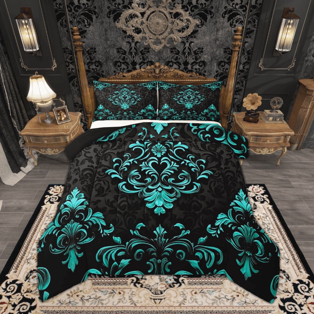Manfei Bohemian Damask Comforter Sets Full Size, Black Cyan Comforters &amp; Duvets, Victorian Flower Bedding Full Comforter Set, Breathable Bedroom Decoration, 3-Piece Reversible