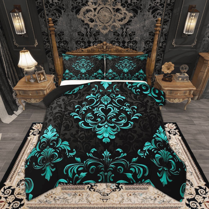 Manfei Bohemian Damask Comforter Sets Full Size, Black Cyan Comforters &amp; Duvets, Victorian Flower Bedding Full Comforter Set, Breathable Bedroom Decoration, 3-Piece Reversible