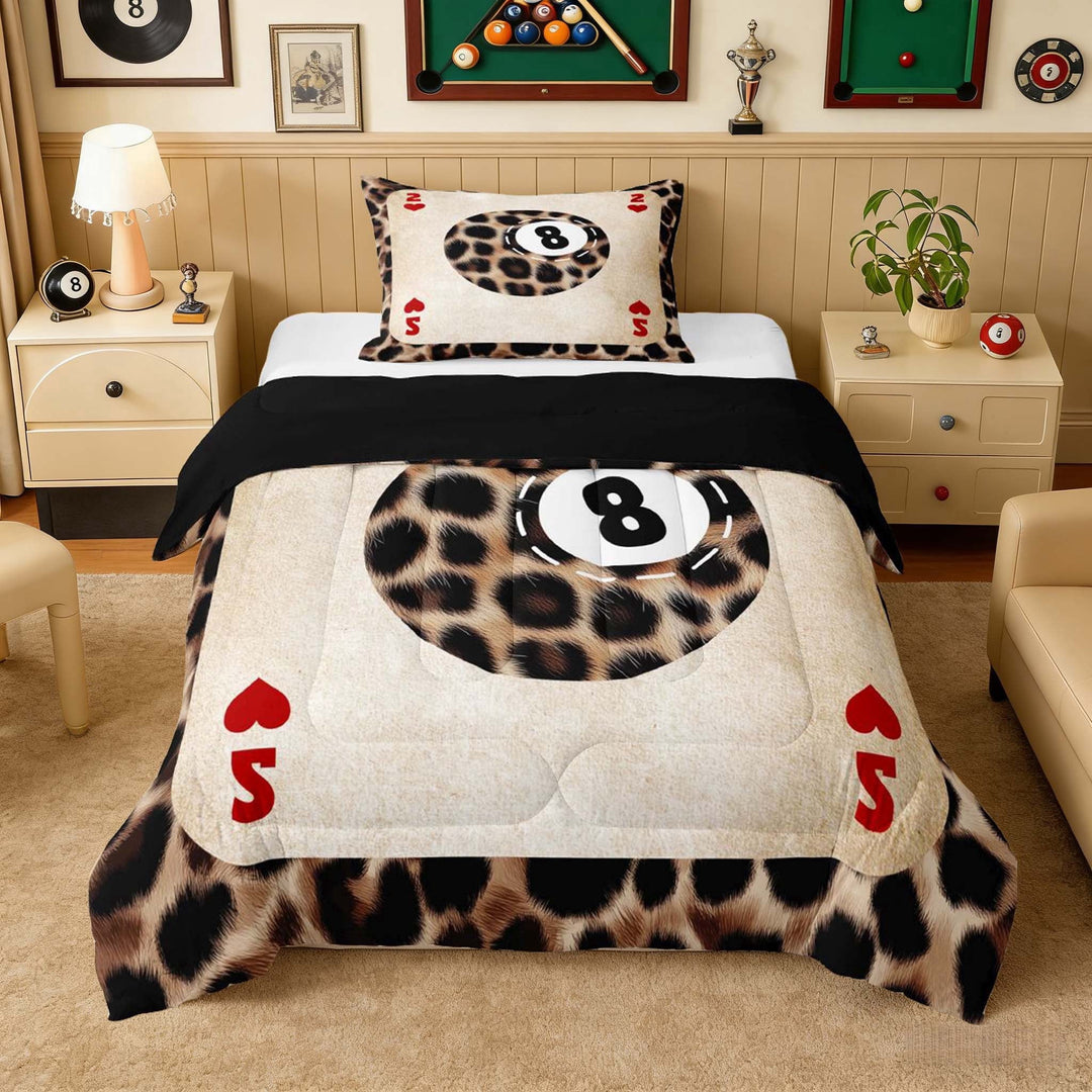 Erosebridal Leopard Print 8 Ball Playing Card Print Twin Comforter Sets, Sports Monogram Bedding Set for Kids Boys and Girls, Black Reversible 2pcs, 1 Comforter and 1 Pillowcase