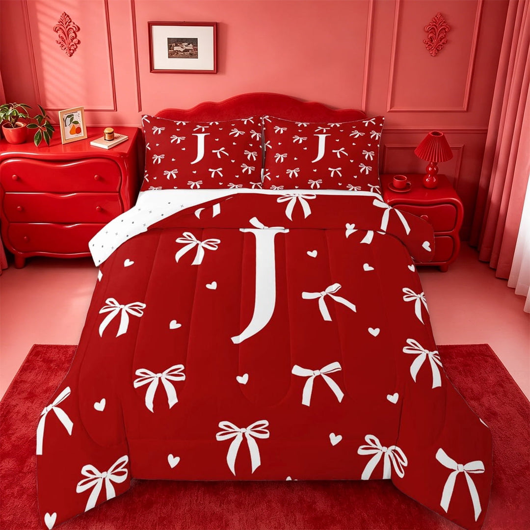 Manfei Cute Bow Full Size Comforter Sets For Girl,White Heart Letter J Initial Print Bedding Sets For Kids,Reversible,3-Piece