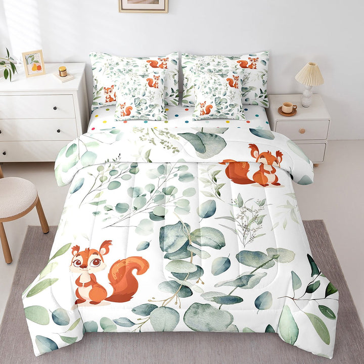 Cute Animal Bedding Comforter Sets 7pcs Cartoon Squirrel Bed in a Bag, Eucalyptus Twin Bedding Sets Watercolor Leaves Comforter Set, Kawaii Woodland Animal Bedding Sets