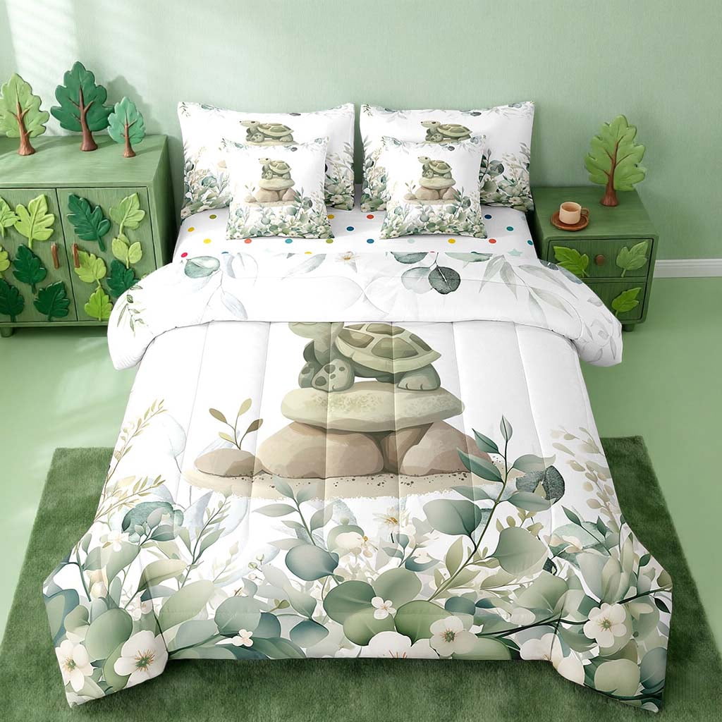 7-Piece Kawaii Turtle Bedding Twin Cartoon Animal Comforter Set, Eucalyptus Leaves Bedding Comforter Sets Jungle Wildlife Bed in a Bag, Botanical Bedding Accessories
