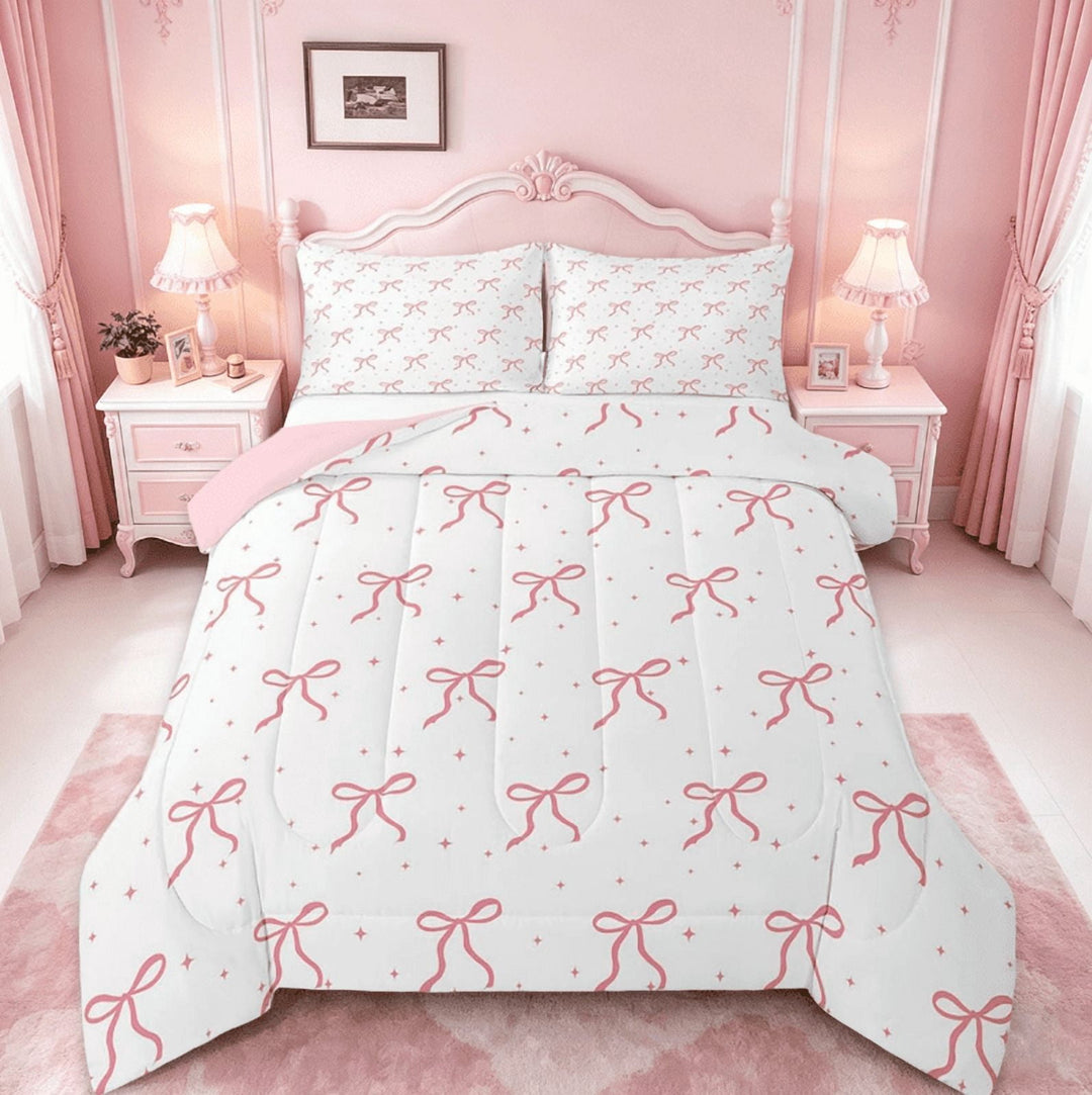 Manfei Girls Pink Bowknot Full Size Comforter Sets,Girly Bows Cartoon Bedding Sets, Princess Galaxy Stars Bedding Reversible 3 Pieces