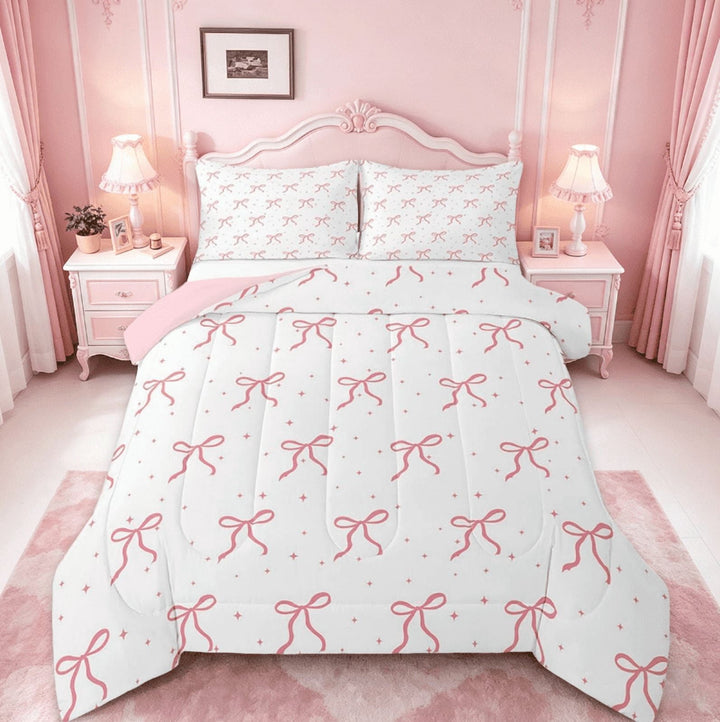Manfei Girls Pink Bowknot Full Size Comforter Sets,Girly Bows Cartoon Bedding Sets, Princess Galaxy Stars Bedding Reversible 3 Pieces