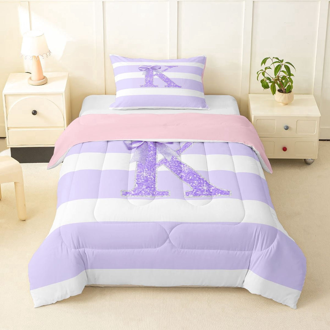Erosebridal Bling Glitter Print Stripes Twin Comforter Sets 3-Piece For Boys Girls,Teens Purple Bow K Letter Monogrammed Bedding Set,Pink Reversible