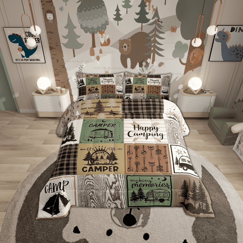 Erosebridal Happy Camping Comforter Set Rustic Cabin Camper Full Bedding Sets Rv Car Accessories For Travel Trailers Patchwork Buffalo Plaid Arrow Pine Trees Down Comforter Travel Adventure Quilt