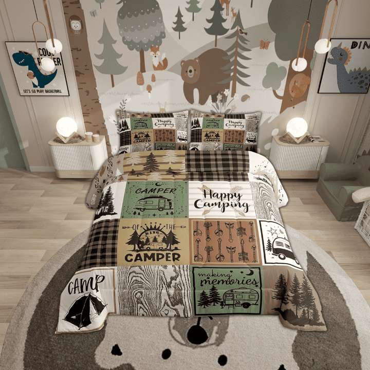 Erosebridal Happy Camping Comforter Set Rustic Cabin Camper Full Bedding Sets Rv Car Accessories For Travel Trailers Patchwork Buffalo Plaid Arrow Pine Trees Down Comforter Travel Adventure Quilt