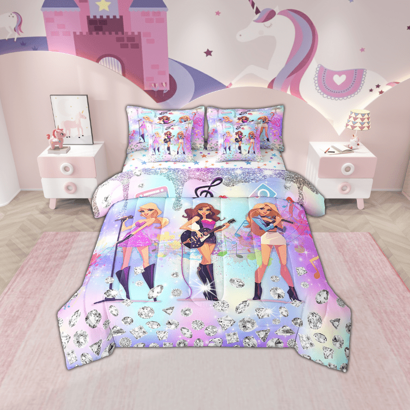 Erosebridal Kawaii Musician Bed in a Bag Twin size, Princess Bed Set, Bling Diamond Reversible Bedding Twin Size, Breathable Room Decor, 7-Piece