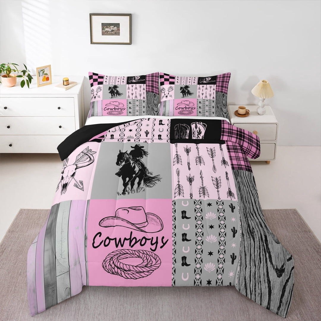 Full Size Comforter Set Western Cowgirl Bedding Sets Wild West Bull Horse Quilt Set For Teen Women Country Farmhouse Buffalo Plaid Bed Comforter Set 2 Pillow Cases Room Decor