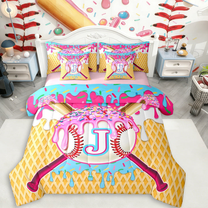 Erosebridal Boys J Personalized Initial Sport Baseball Twin Bedding Sets 7-Piece,Ice Cream Drip Dessert Bedding Comforter Set For Kids Teens,Pink Reversible