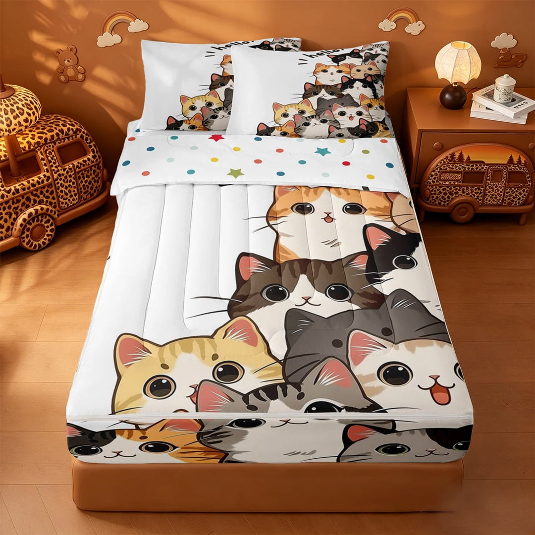 meiyoeat Hello Cat Zipper Twin Comforter Sets with Fitted Sheet and 2 Pillowcases,Cute Print Zipper Bedding Set For Girl,Reversible,4-Piece