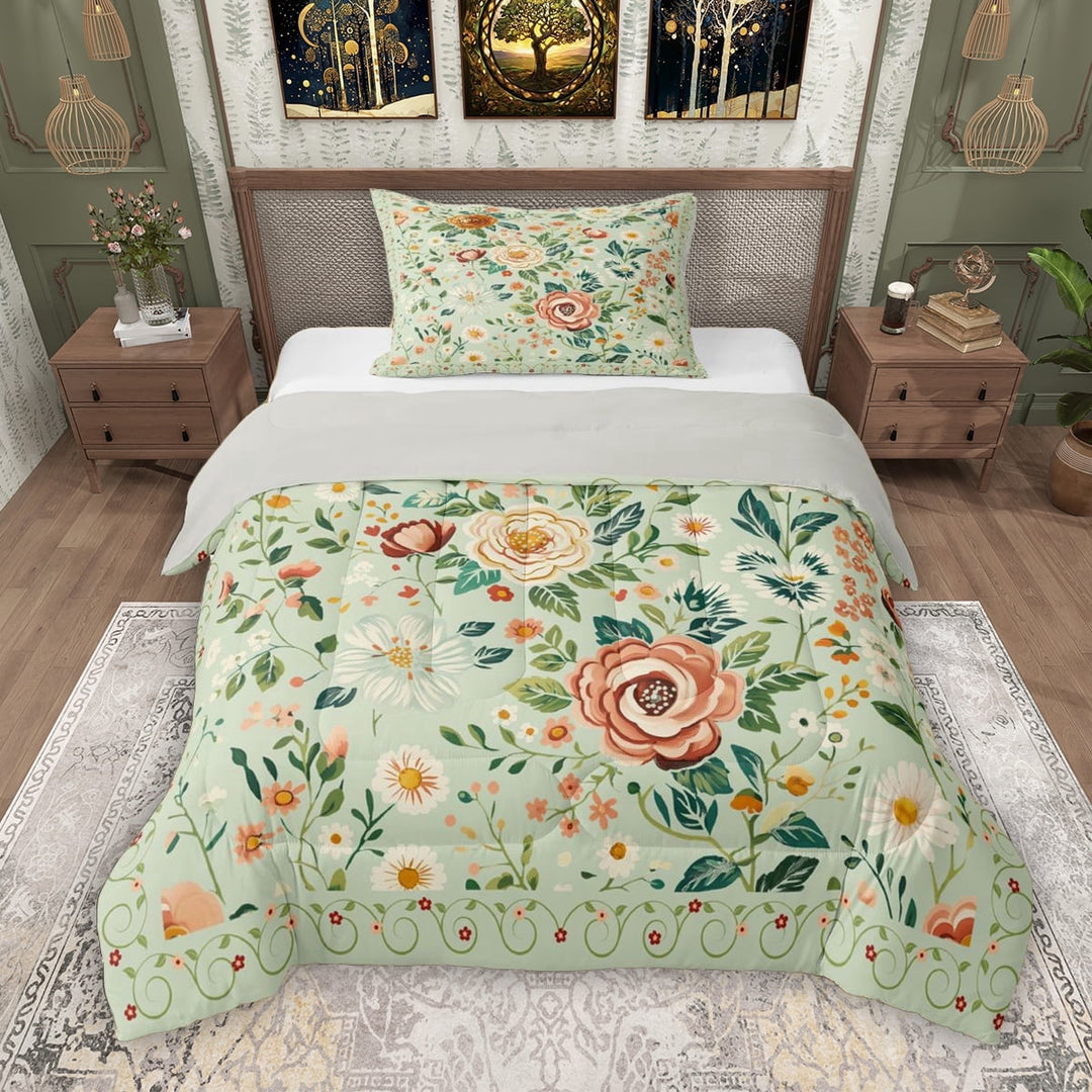 Erosebridal Tropical Floral Twin Comforter Sets, Vintage Flower Bedding Set for Girls, Green, Gray Reversible, 1 Comforter and 1 Pillowcase
