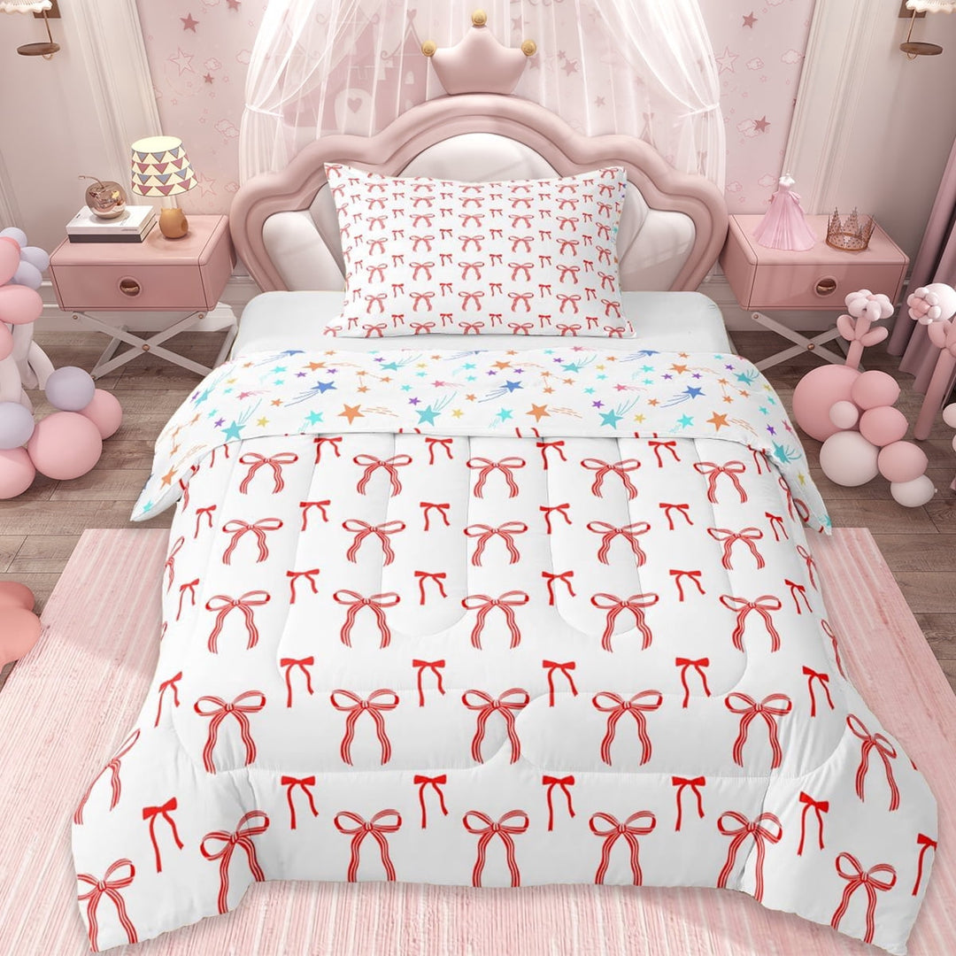 Erosebridal Cute Bows Twin Comforter Sets For Girls,Bowknot Dreamy Princess Style Bowtie Bedding Set,Red White, Reversible 2-Piece