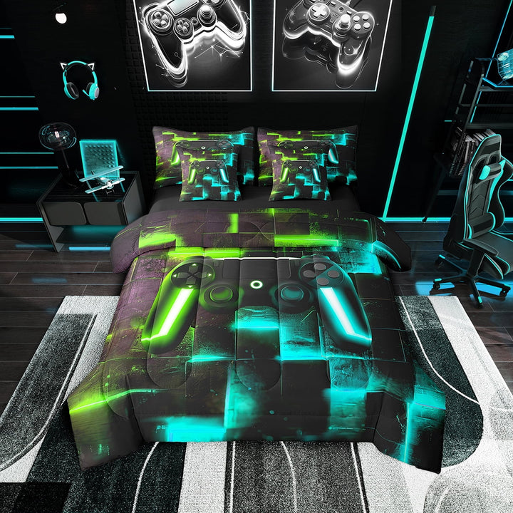 Gamer Bedding Twin Size 7-Piece Teens Adults Gaming Comforter Set, Contemporary Neon Futuristic Cubes Bedding Comforter Sets Black Green Teal Blue Bed in a Bag, Video Game Grid Bedding