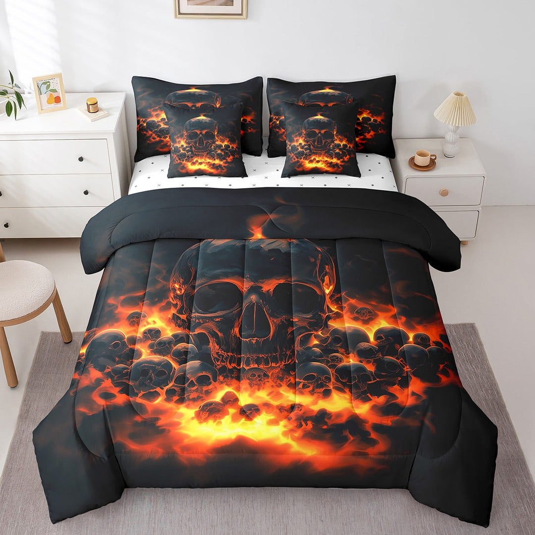 Fire Skull Bedding Set 3D Flame Skull Bed In A Bag With Sheets For Adults Men Bedroom Decor,Gothic Skeleton Twin Comforter Set 7 Piece Fiery Style Black Tint Soft Lightweight Bed Set