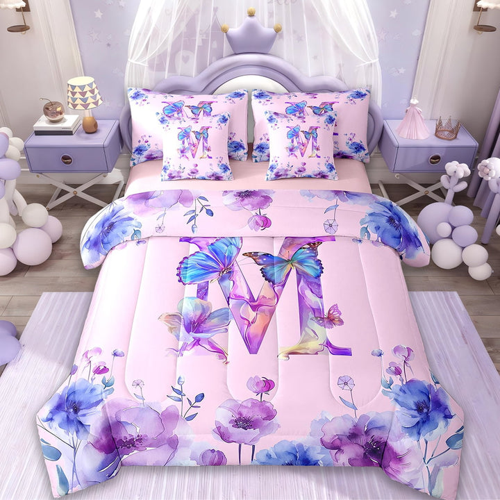 Erosebridal Monogrammed M Bed in a Bag Twin Size,Tie Dye Flower Print Bed Set,Wild Animal Butterfly Bedding Twin Size,Lightweight Room Decor Reversible,7 Pieces