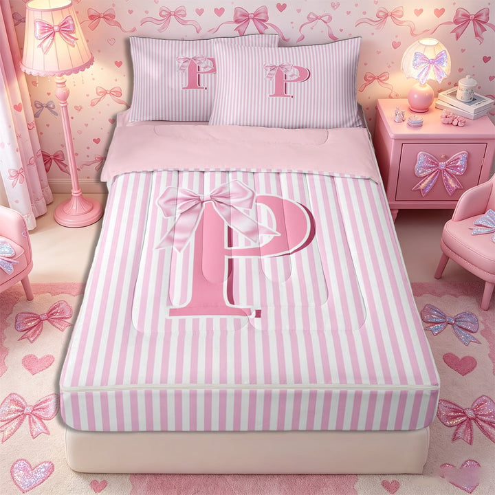 Meiyoeat Charming Bow Letter P Zipper Full Size Comforter Sets with Fitted Sheet and 2 Pillowcases for Girls Toddlers, Soft Stripe Zipper Bedding Set, Light Pink White,4pcs,Pink Reversible