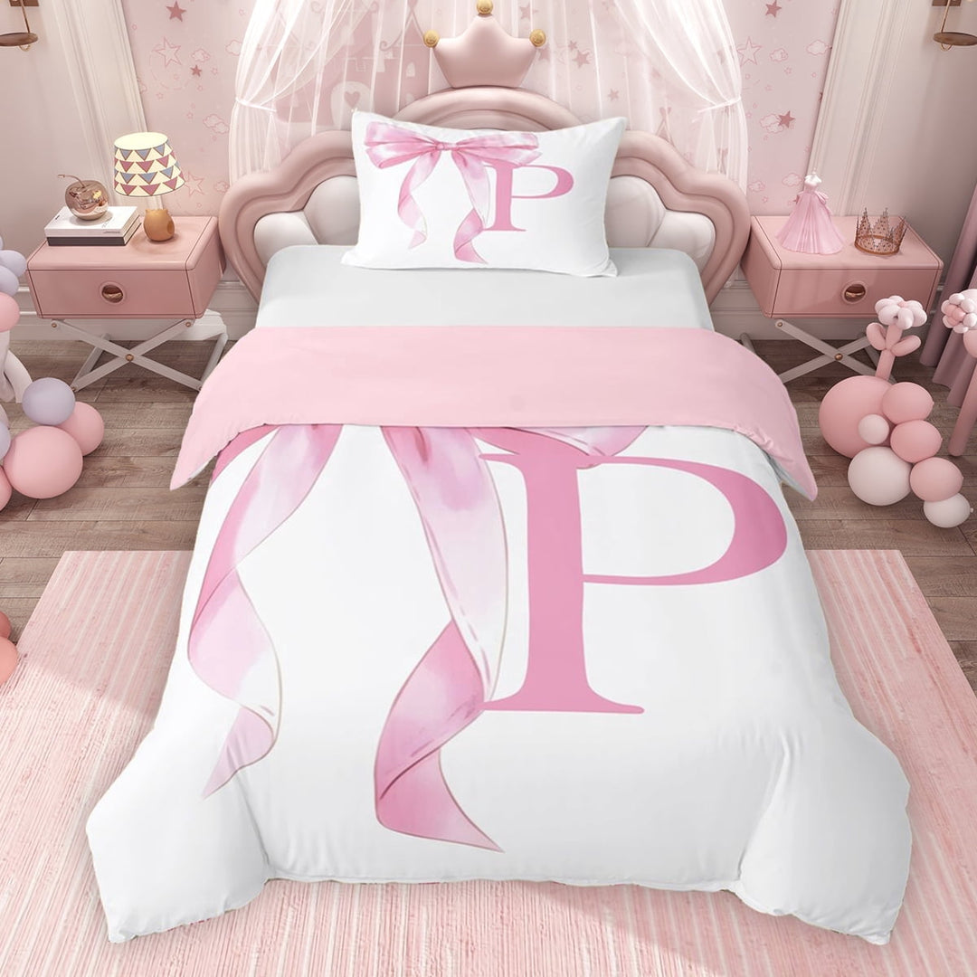Erosebridal Girls Pink Bow Twin Bedding, P Letter Duvet Cover Set, Princess Style Bedroom Decor, Pink Reversible 2 Pieces, 1 Duvet Cover and 1 Pillowcase (No Comforter)