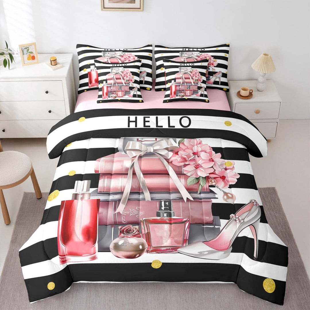 Erosebridal Pink Fashion Bedding Sets Queen Size, Female Perfume Comforter Sets with Sheets, High Heels Reversible Bedding Queen Size, Super Cozy Bedroom Decoration, 7 Pieces