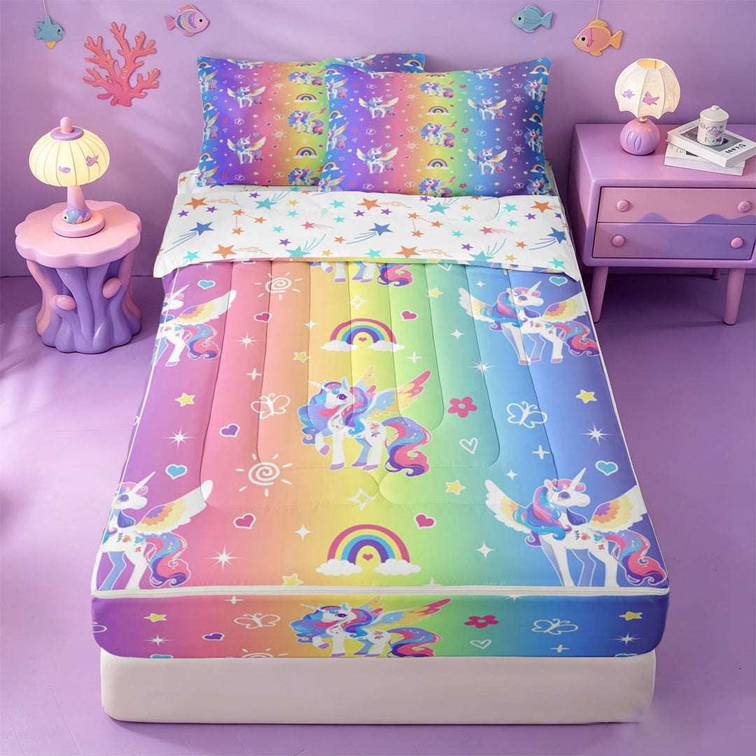 meiyoeat Colorful Kawaii Unicorn Zipper Twin Comforter Sets with Fitted Sheet and 2 Pillowcases For Girls,Dreamy Rainbow Gradient Stripes Zipper Bedding Set,Colorful Stars Reversible,4-Piece