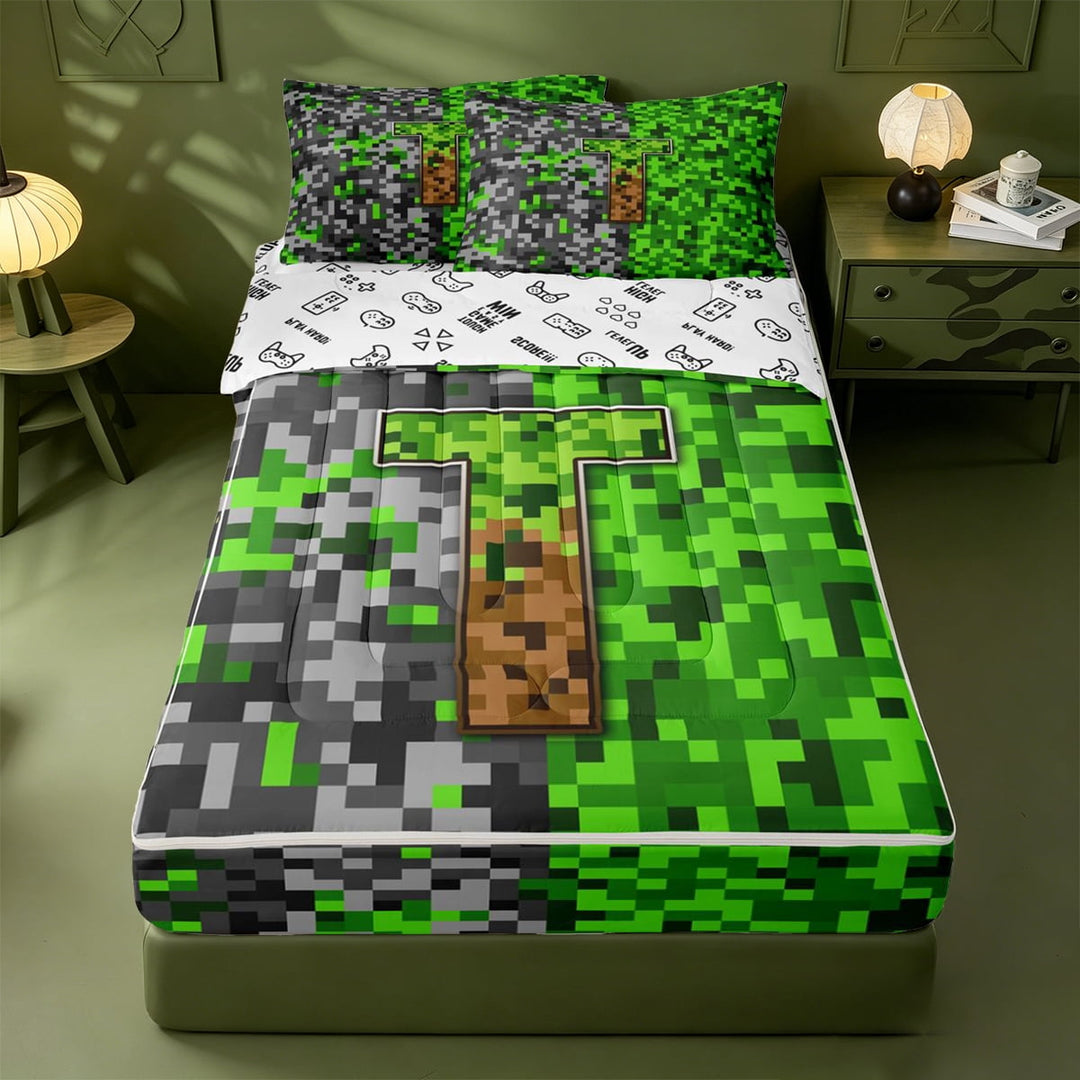 meiyoeat Vintage Game Pixel Print Zipper Full Size Comforter Sets with Fitted Sheet and 2 Pillowcases For Boys,Initial Letter T Monogram Zipper Bedding Set,Reversible,4-Piece