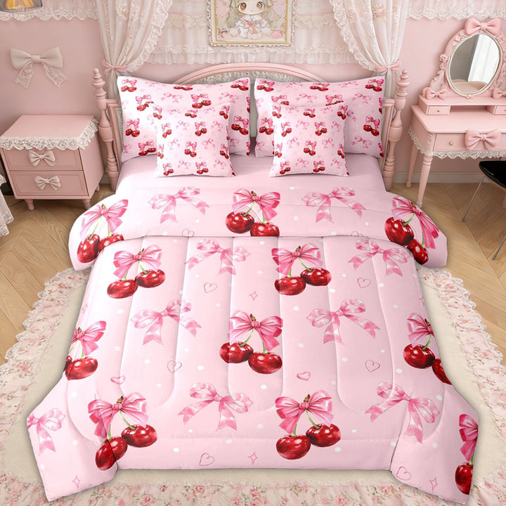 Erosebridal Pink Bowknot Cherry Twin Bedding Sets for Girls, Cute Love Heart Bedding Comforter Set, Pink Reversible, 7-Piece