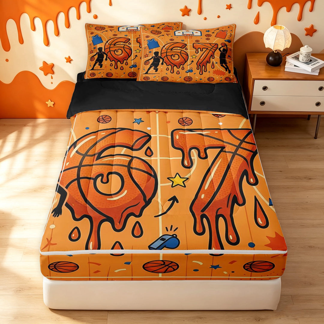 meiyoeat Dripping Basketball Zipper Full Size Comforter Sets with Fitted Sheet and 2 Pillowcases for Boys, Orange Number 67 Zipper Bedding Set, Black Reversible, 4-Piece