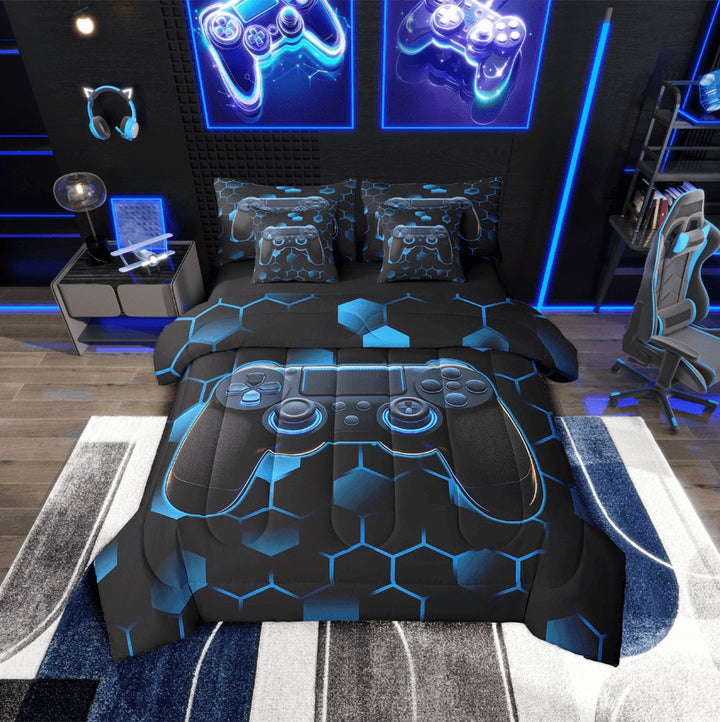 Erosebridal Gaming Bedding Sets Twin Size,Geometric Honeycomb Hexagon Comforter Sets with Sheets,Blue,Reversible,Breathable,7-Piece